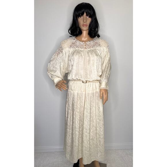 Vintage E.D. Michaels Cream Jacquard Prairie Dress Crochet Lace 80s USA medium - Picture 13 of 13